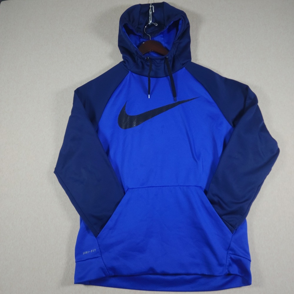 Nike Dri FIT Hoodie Blue Navy Big Swoosh Fleece Pullover Sweatshirt Mens L